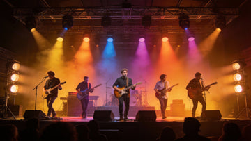 Live band performing under colorful stage lighting