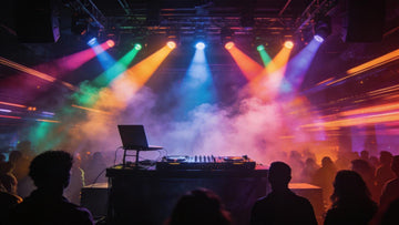 DJ stage lighting with haze and colorful beams