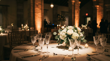 Wedding reception table with warm uplighting and candlelit floral centerpiece