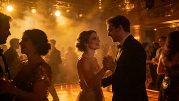 Elegant event dance floor with warm stage lighting and haze