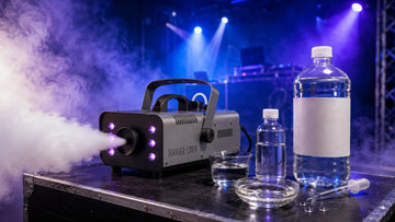 Fog machine producing thick fog beside clear fog fluid bottles