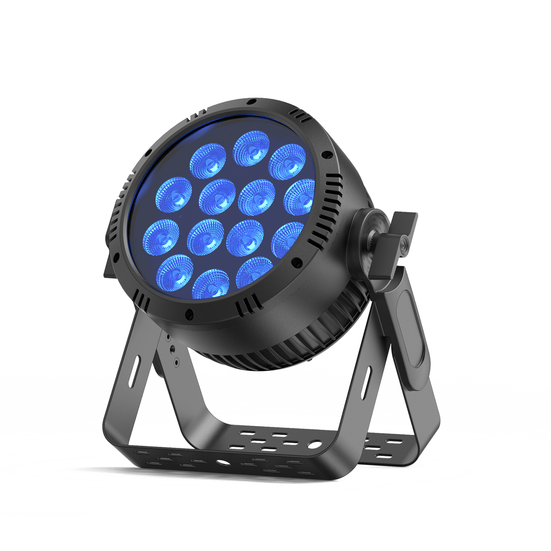 UKING ZQ01553 waterproof par light: black aluminum, 12 illuminated blue LEDs, adjustable bracket.