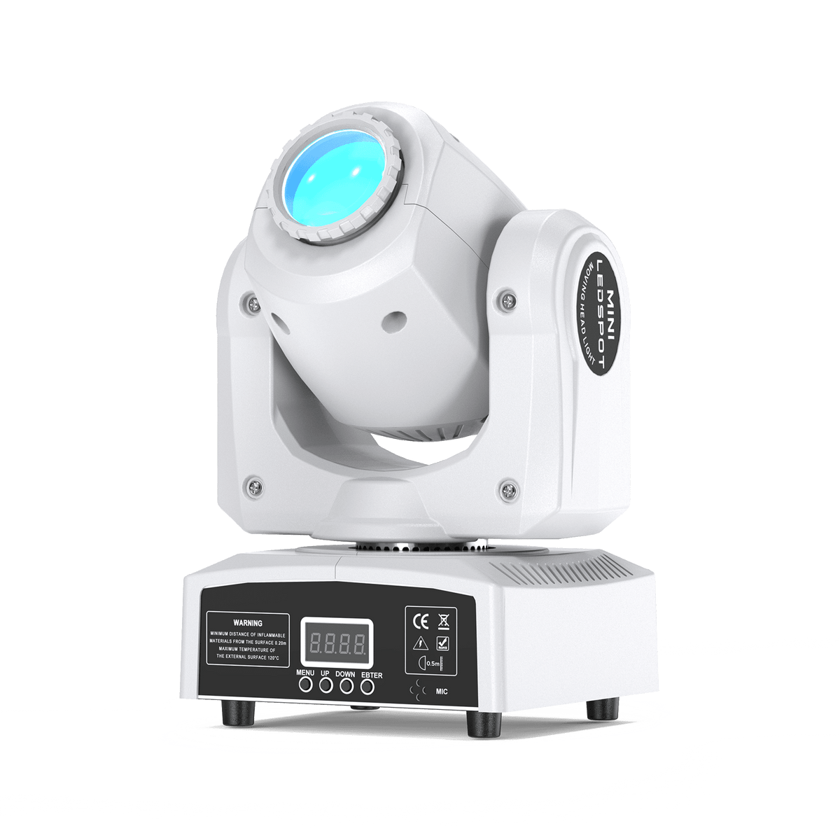 UKING ZQ02001 white mini moving head LED stage light with control panel.