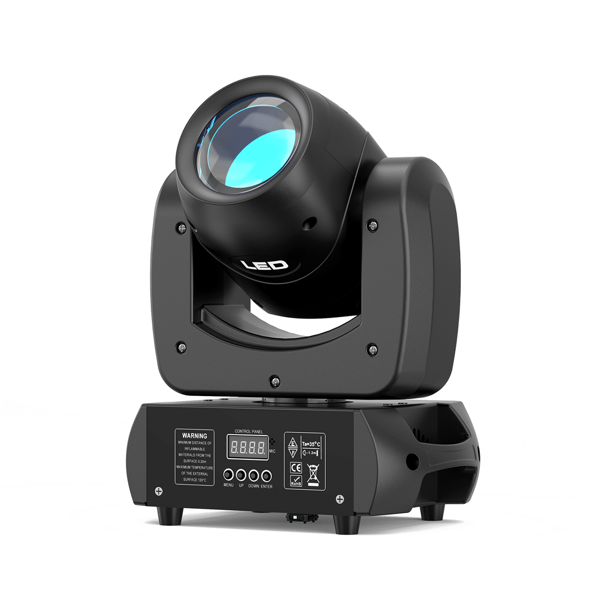 Black UKING ZQ02021 BEAM PRO moving head stage light with illuminated blue lens.