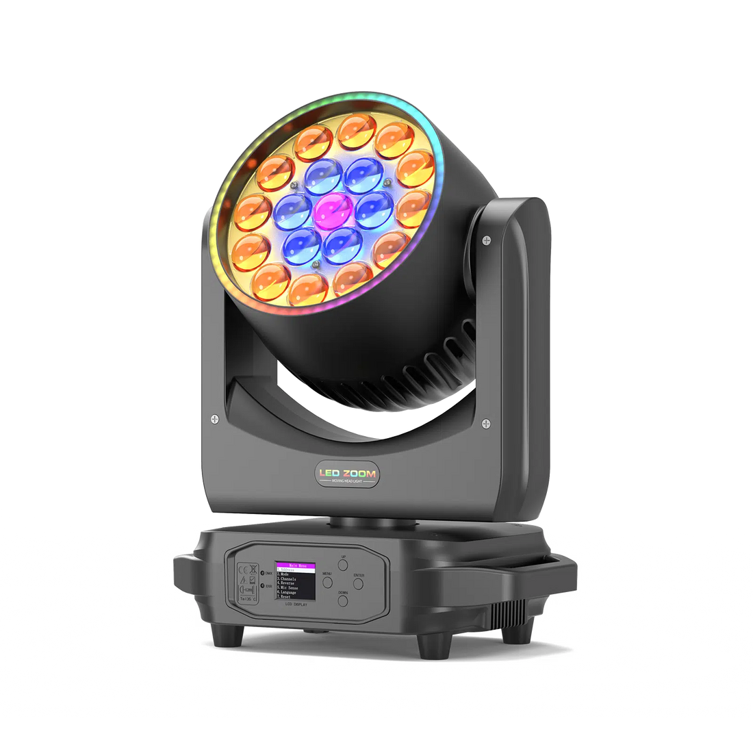 UKING ZQ02102 moving head DMX LED stage light with RGBW effects and control panel.