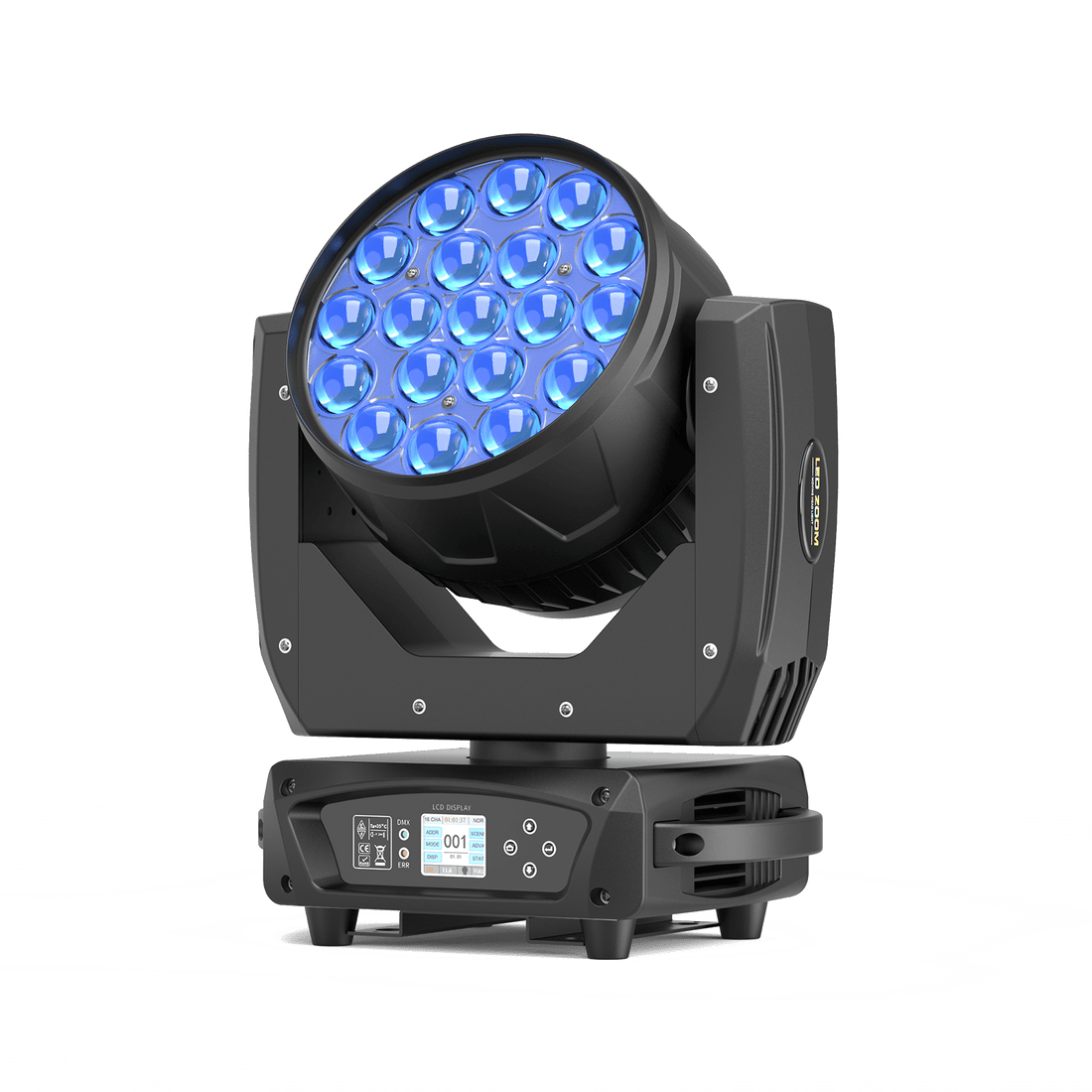 UKING ZQ02103 moving head light: 19 blue RGBW LEDs, LCD display, DMX control ready.