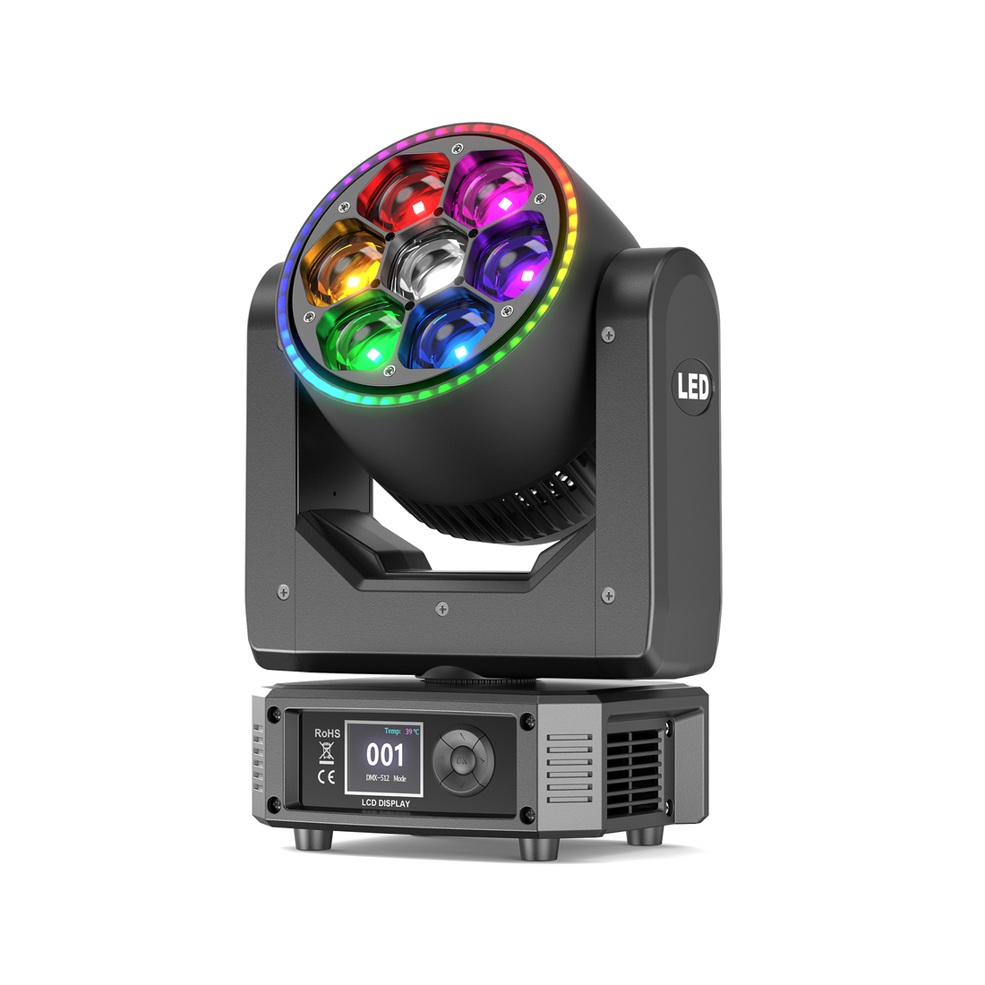 UKING ZQ02109 moving head stage light with 7 RGBW LEDs, LED ring, and DMX display.
