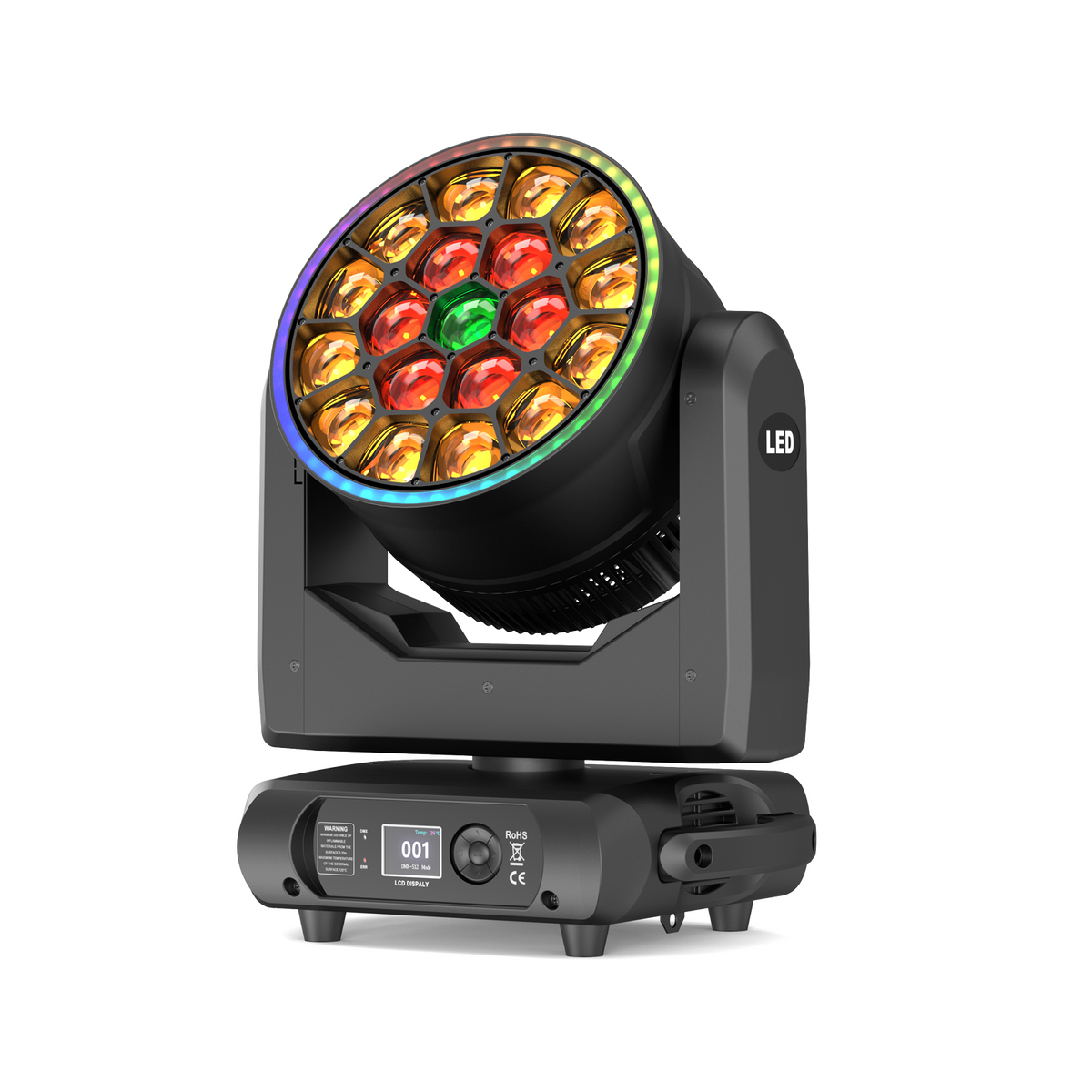 UKING ZQ02110 moving head stage light: 19x15W RGBW LEDs, DMX control, LCD display