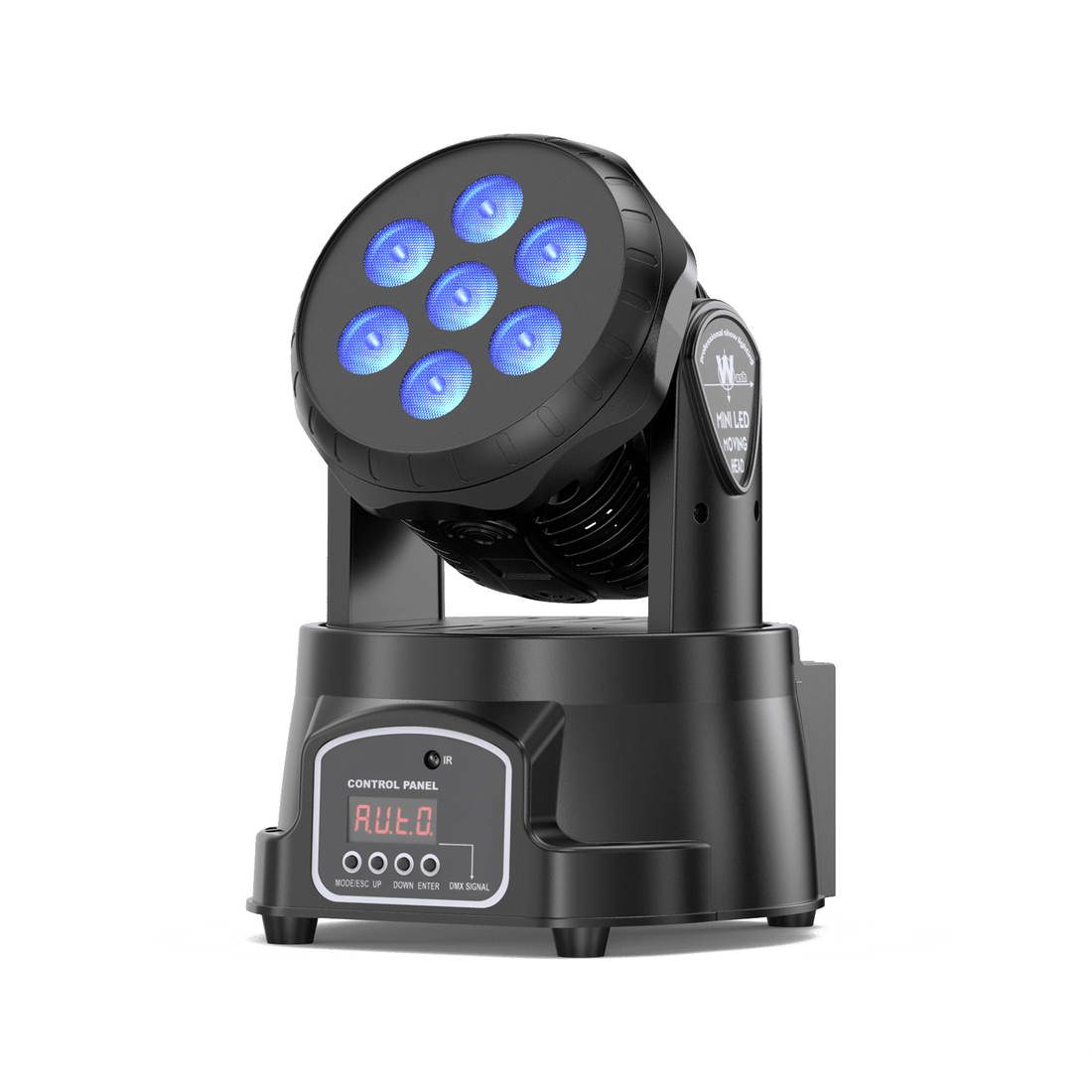 UKING ZQ02354 compact moving head stage light, 7 RGBW LEDs, DMX control panel display.