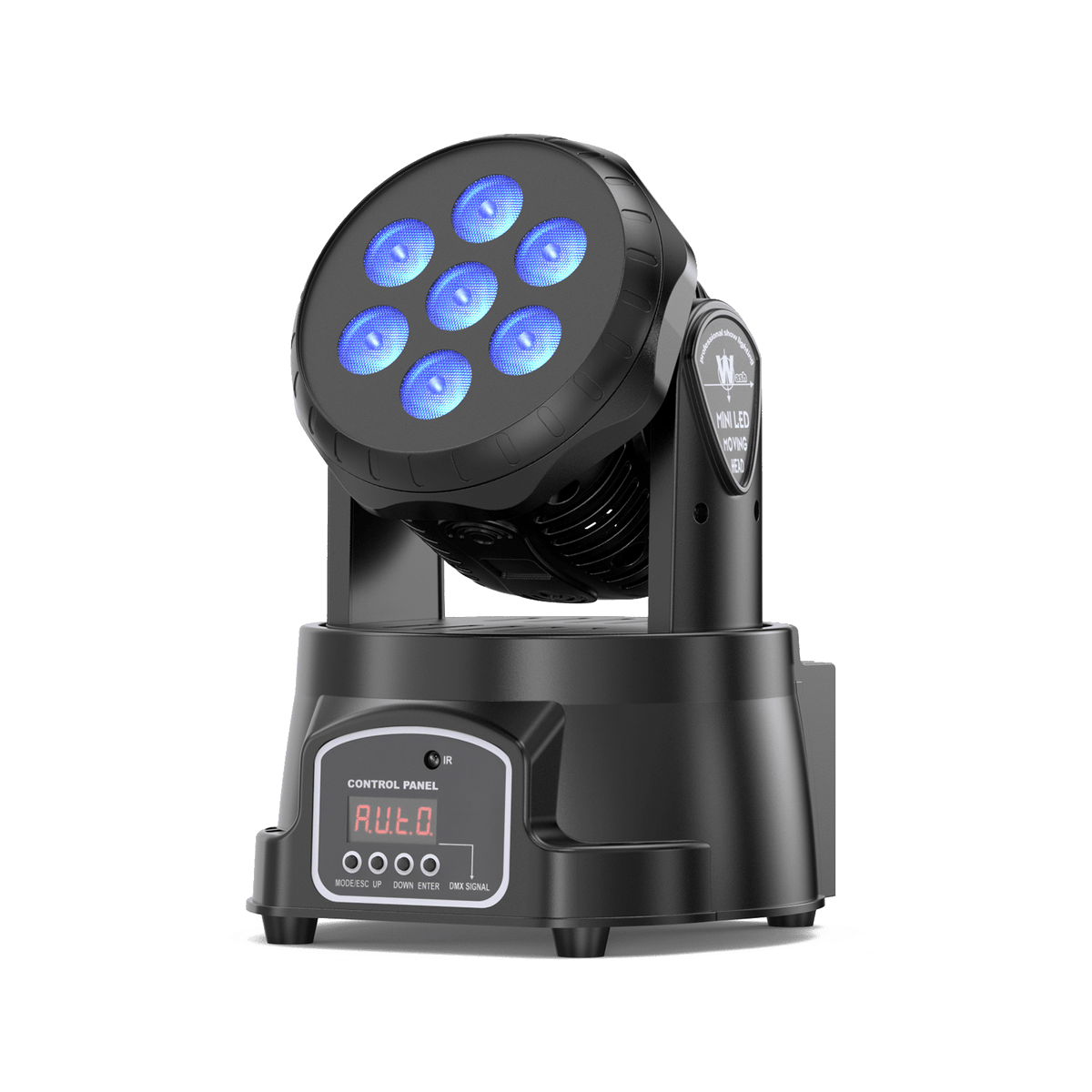 UKING ZQ02354 compact moving head stage light, 7 RGBW LEDs, DMX control panel display.