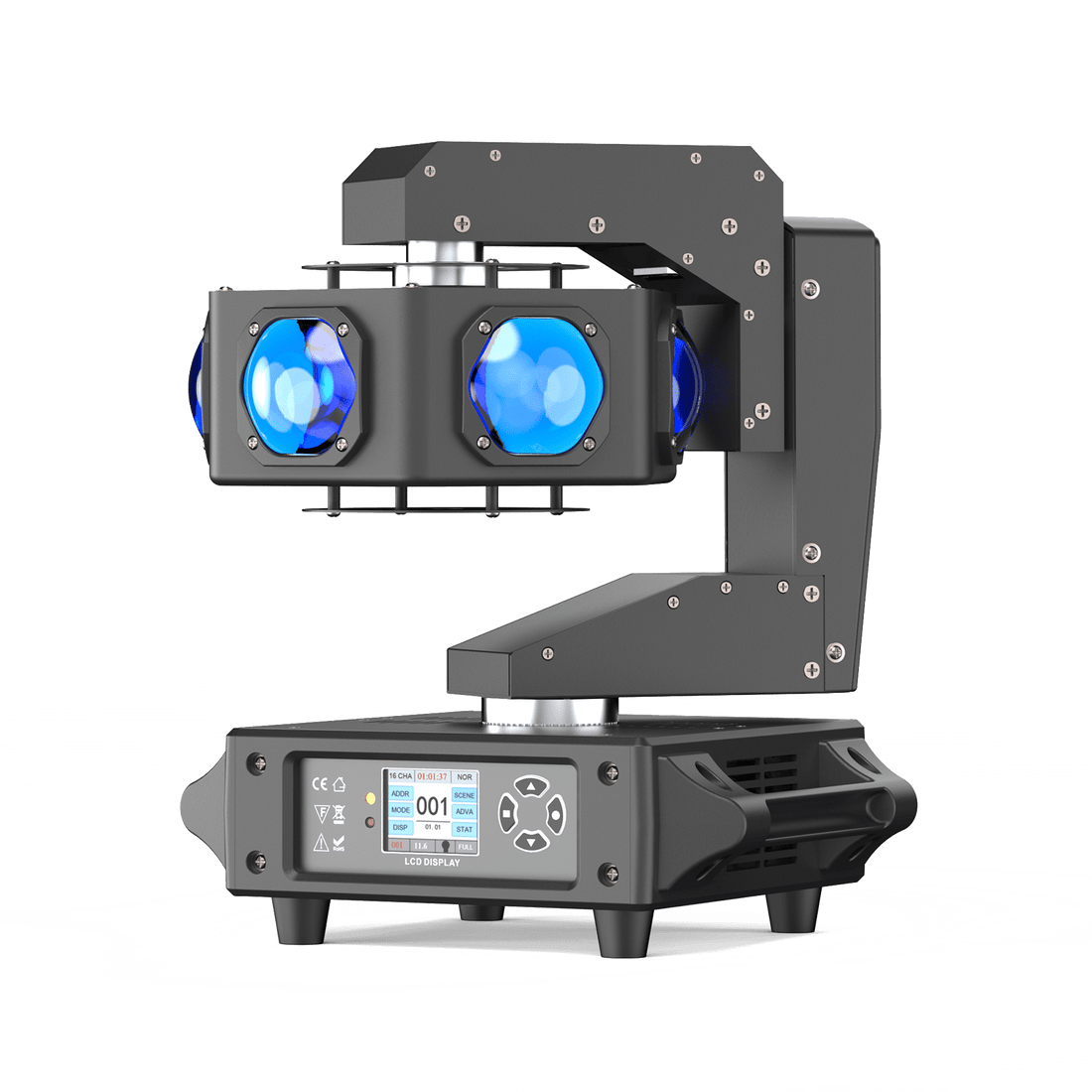 UKING ZQ02359 BEAM PRO moving head stage light with RGBW LEDs, infinite Z-axis, and LCD display.