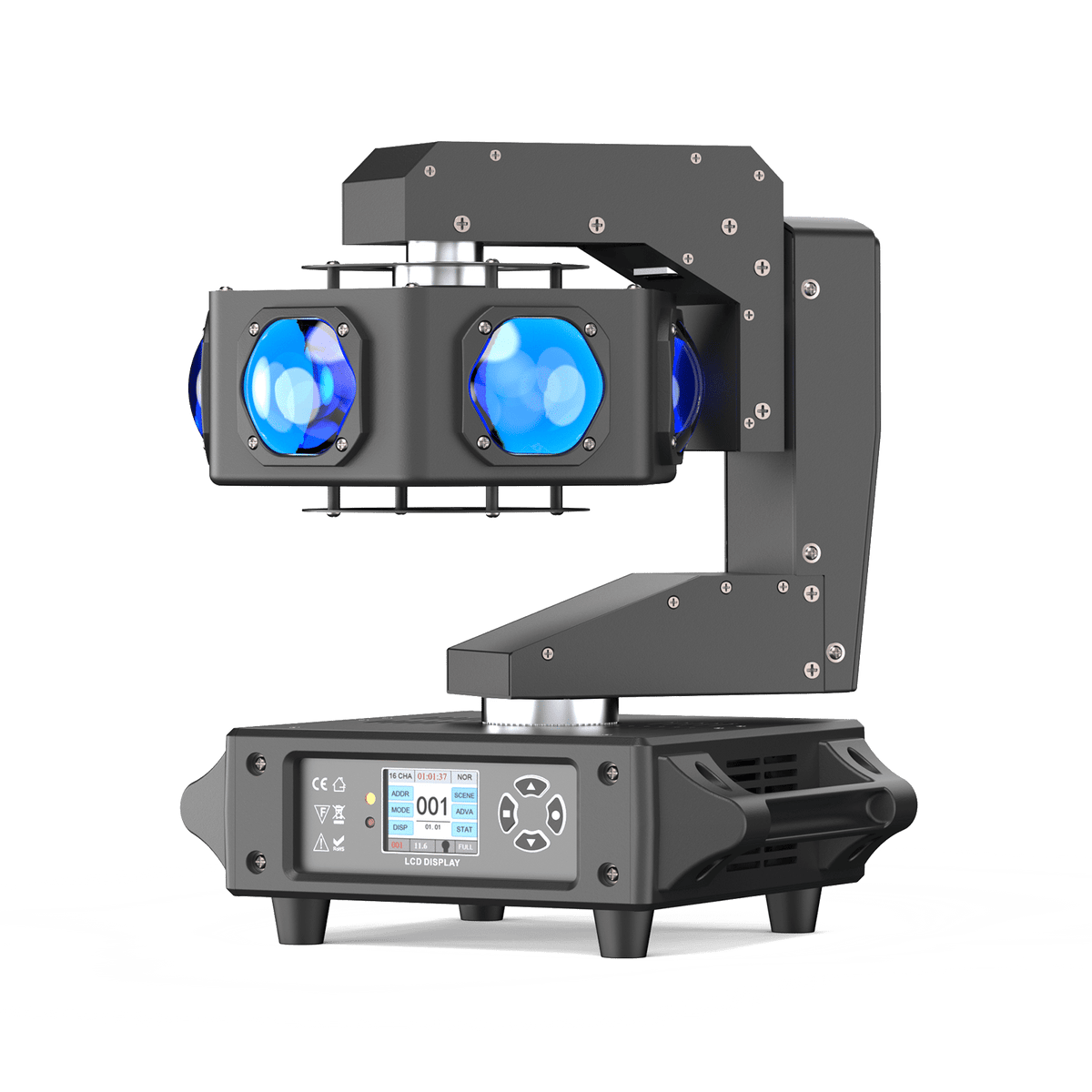 UKING ZQ02359 BEAM PRO moving head stage light with RGBW LEDs, infinite Z-axis, and LCD display.