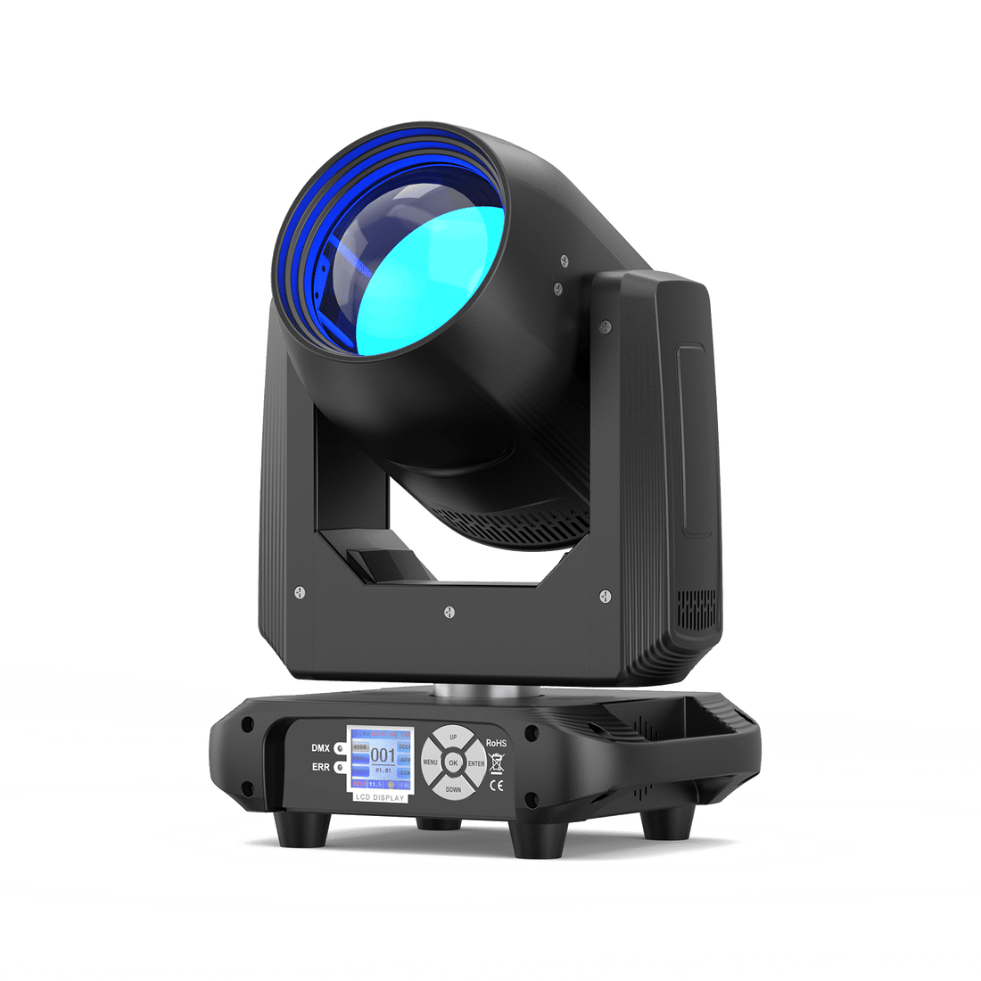 UKING ZQ02367 BEAM PRO moving head stage light, black, cyan beam, blue lens ring, LCD display.