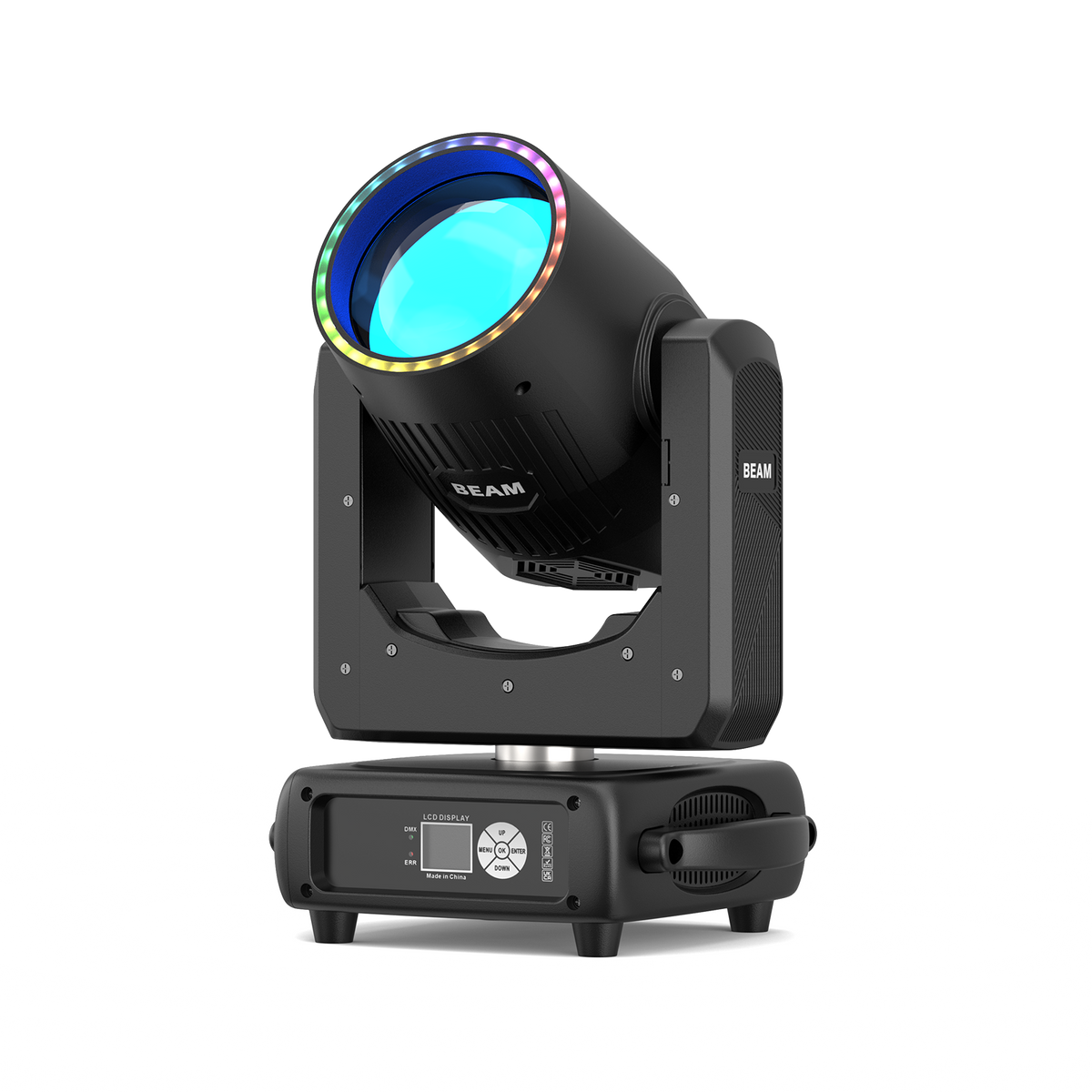 UKING ZQ02821 BEAM moving head light projecting bright beam, RGB ring, LCD display.