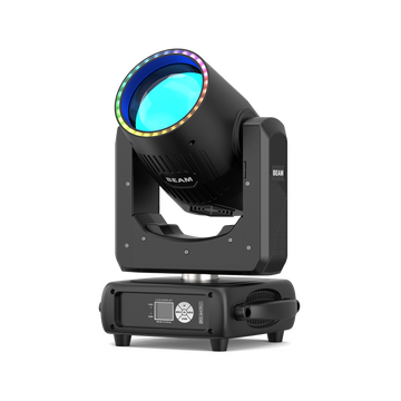 UKING ZQ02821 BEAM moving head light projecting bright beam, RGB ring, LCD display.