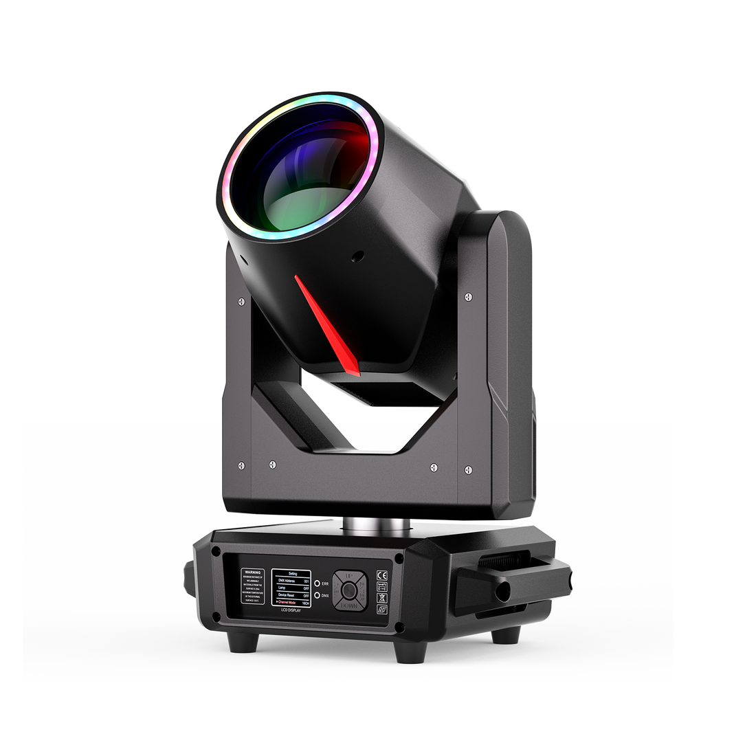UKING ZQ02823 BEAM moving head stage light, black, with RGB illuminated lens ring and red accent.