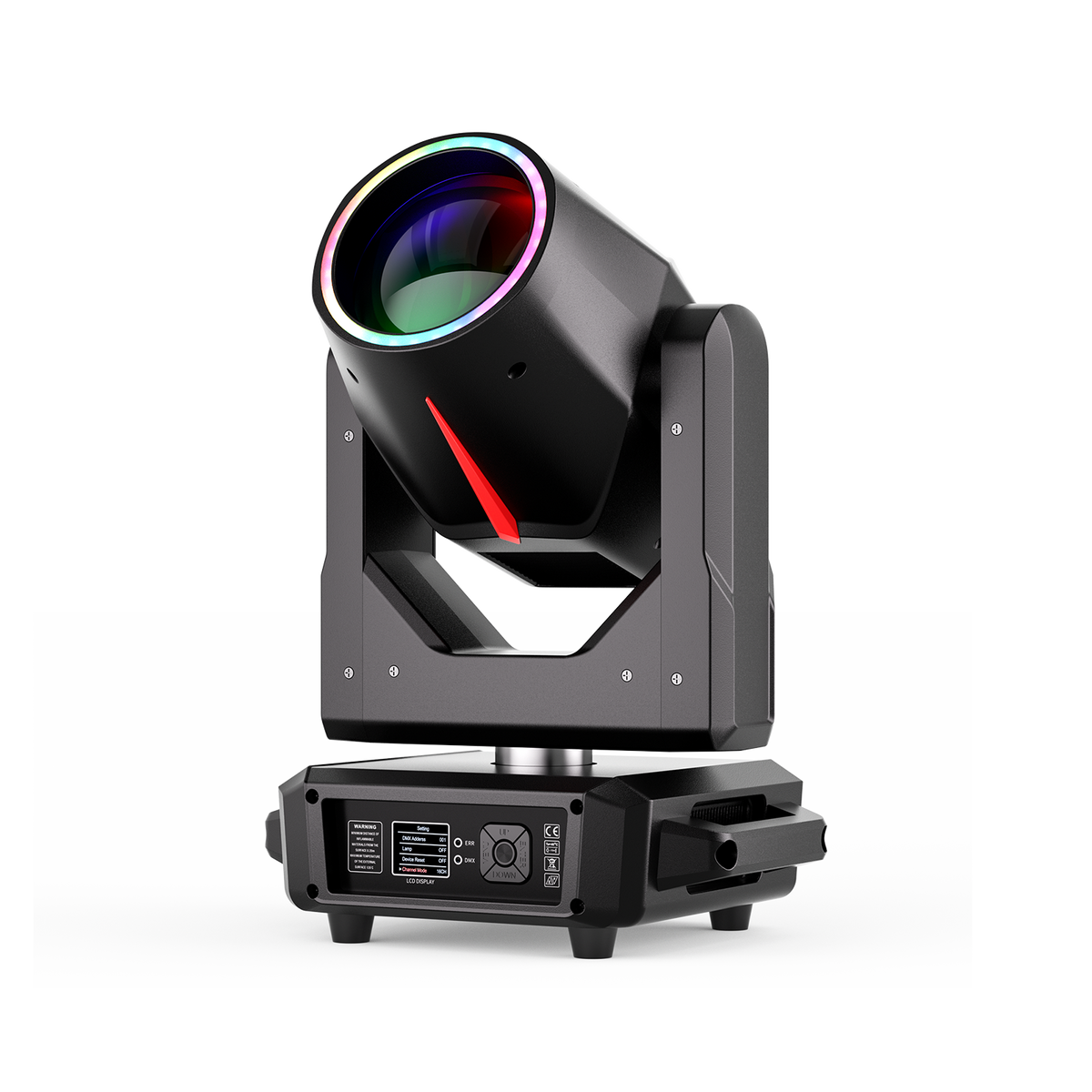 UKING ZQ02823 BEAM moving head stage light, black, with RGB illuminated lens ring and red accent.