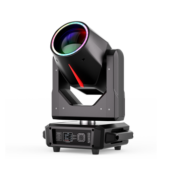 UKING ZQ02823 BEAM moving head stage light, black, with RGB illuminated lens ring and red accent.