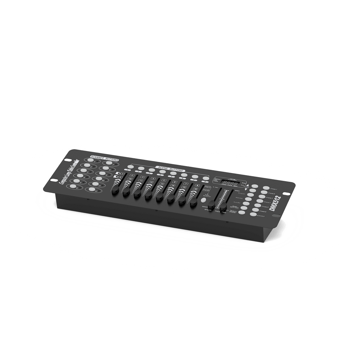 Black UKING 192 DMX controller: 192-channel DMX512 lighting console with scanner buttons, 16 sliders, and digital display.