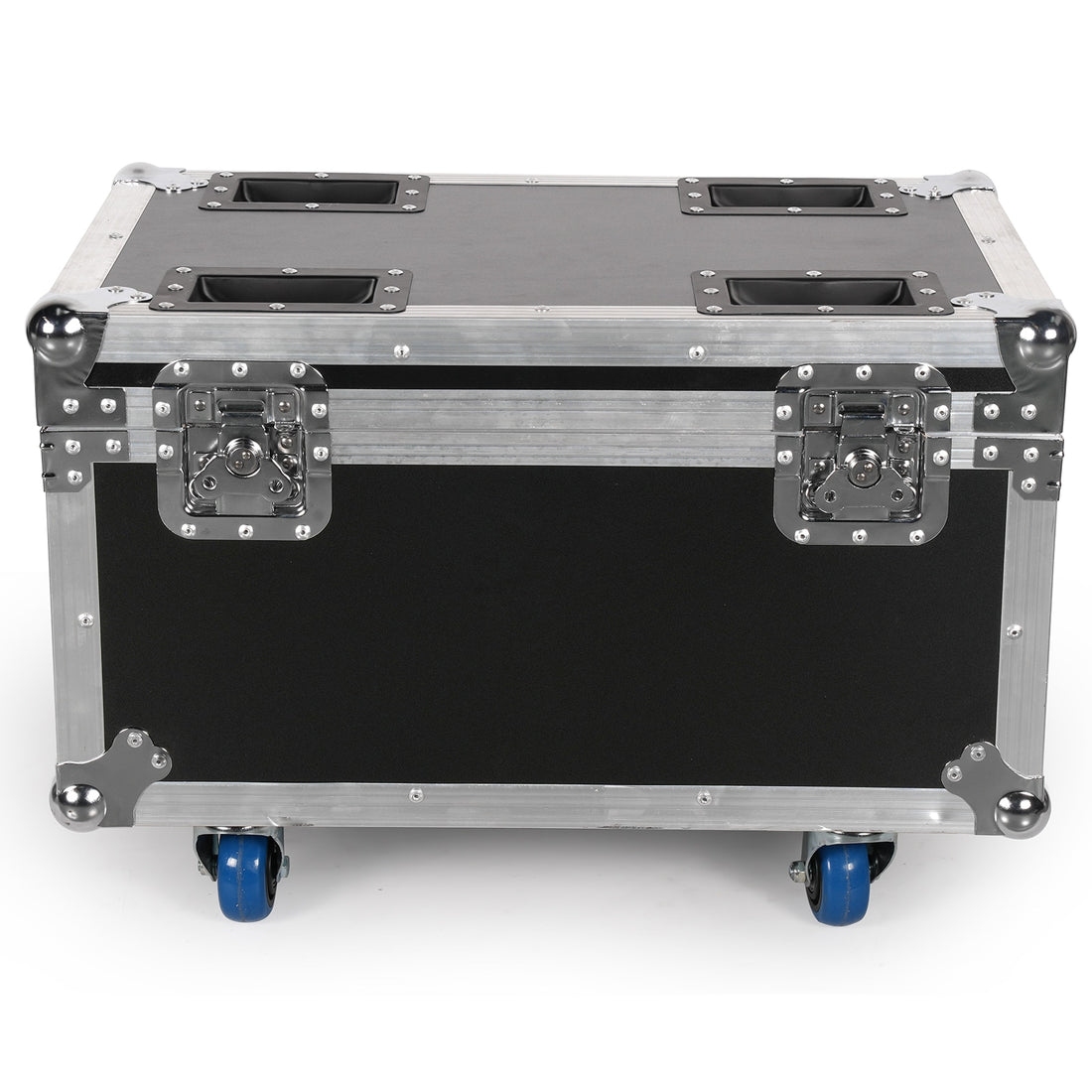 UKING ZQ01061 large flight case with silver hardware, handles, and blue wheels for stage equipment transport.