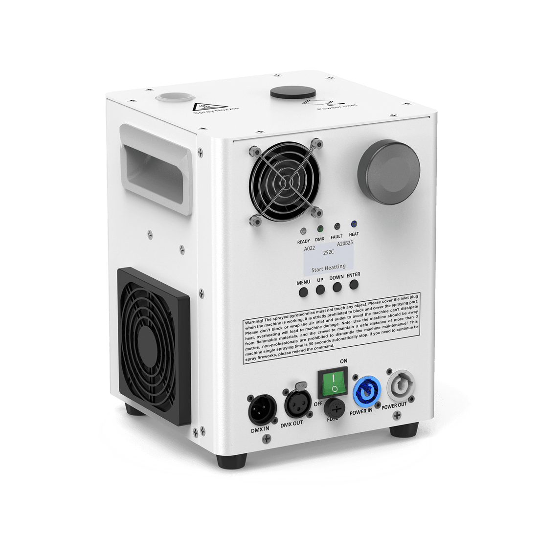 UKING ZQ16050 cold spark machine rear panel with DMX, power, and control interfaces.