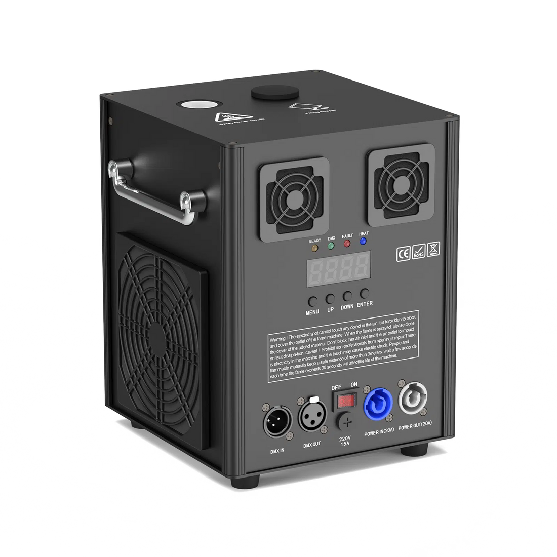 UKING ZQ16050 cold spark machine rear panel with DMX, power, and control interfaces.