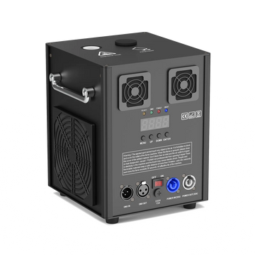 UKING ZQ16050 cold spark machine rear panel with DMX, power, and control interfaces.